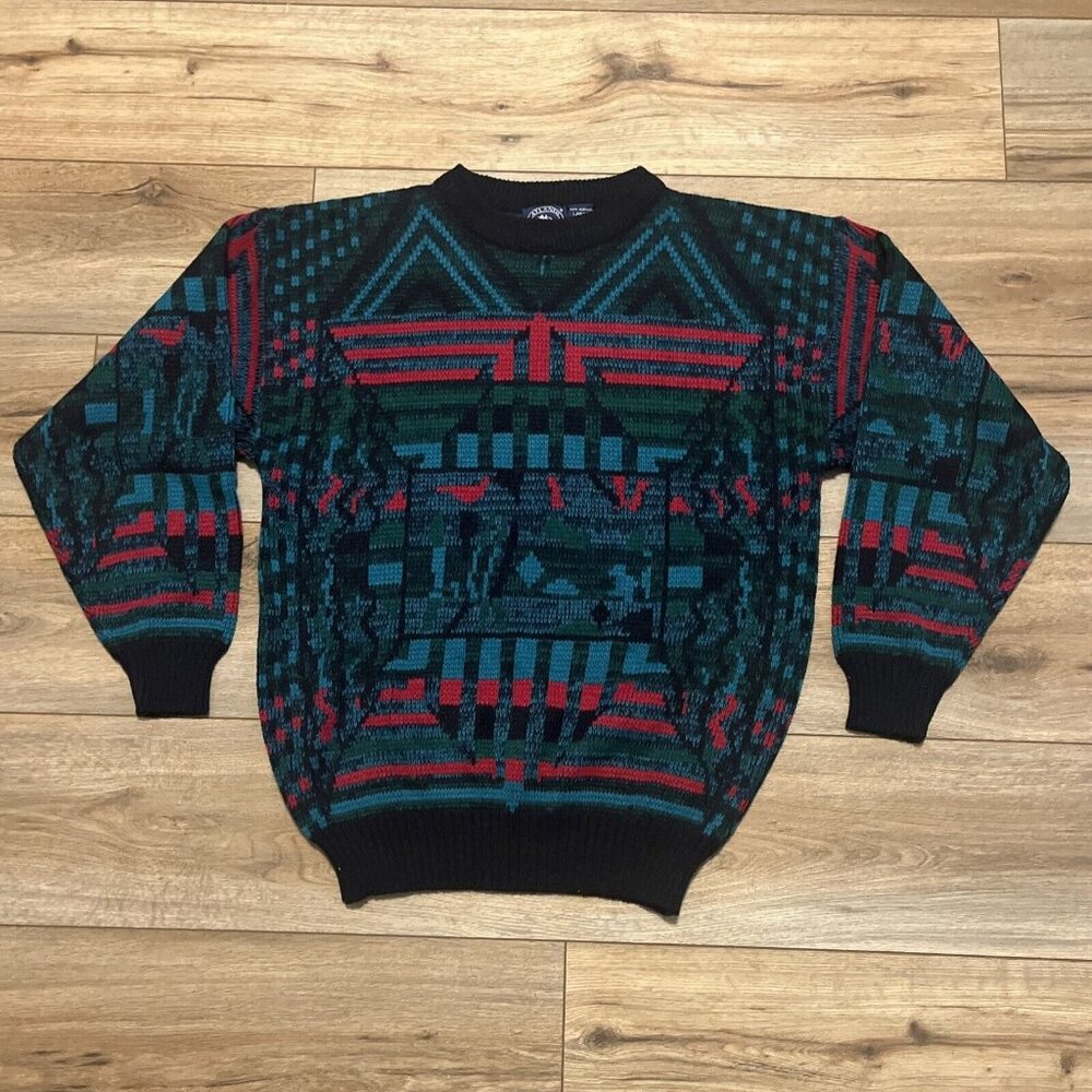 Men's VTG Atlantic Traders Geometric Knit Sweater LARGE Multicolor Grandpa Retro